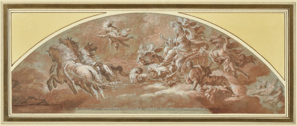 Aurore couronnée sur son char levant le jour, entraînée par des figures ailées