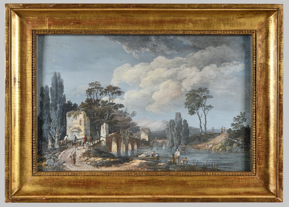 Paysage à la rivière traversée par un pont avec cavaliers, villageois et&nbsp;(…)