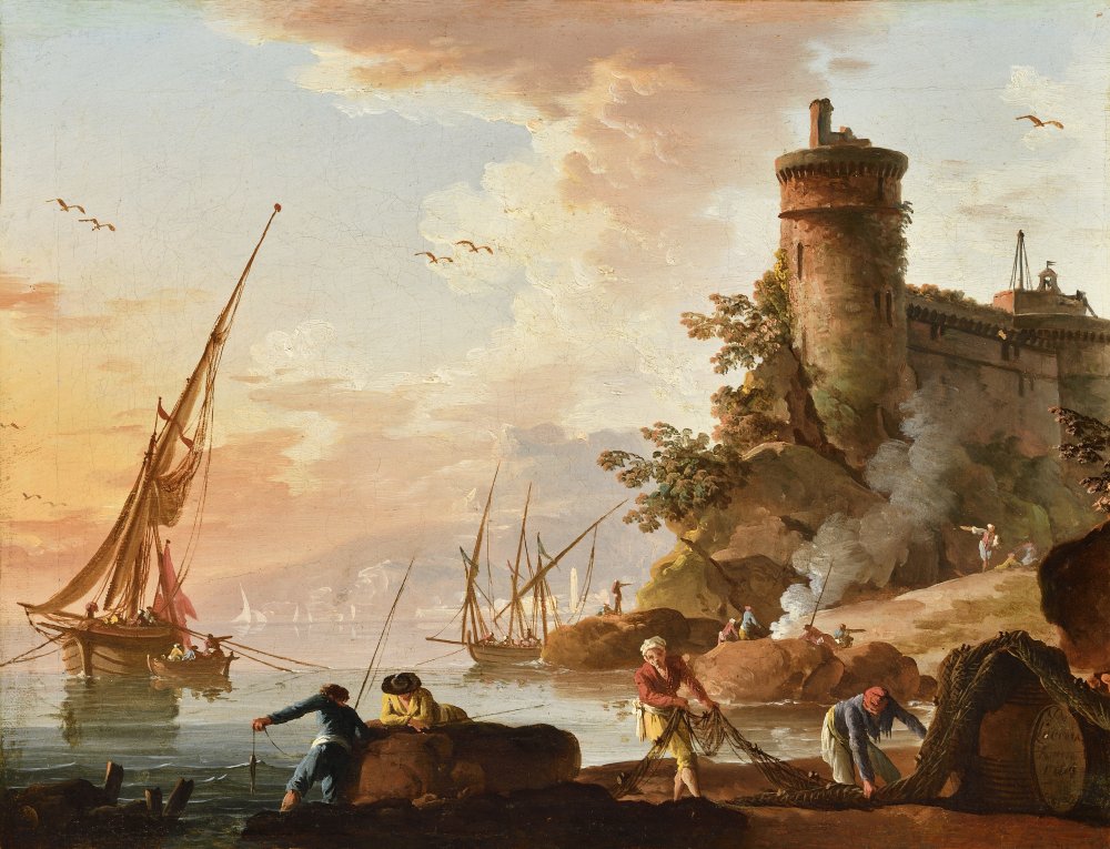 Vue d’un port méditerranéen au coucher du soleil, des pêcheurs au premier (…)