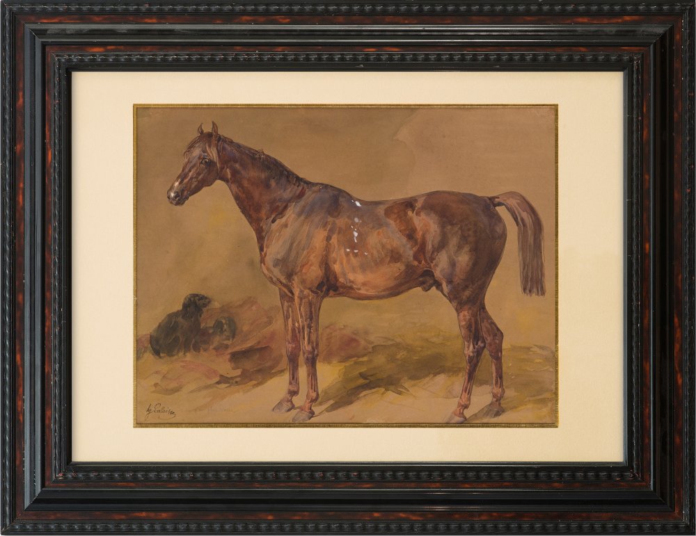 Horse in the stable accompanied by two dogs