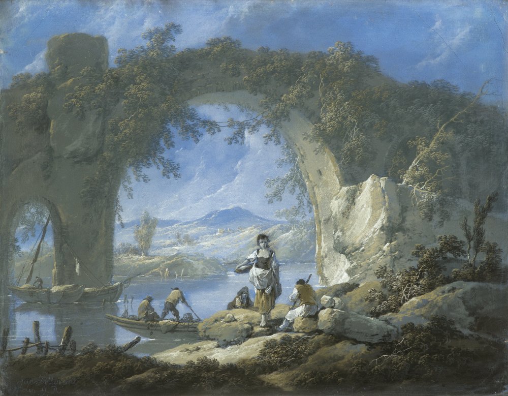 Lavandière, bergers et pêcheurs sous un pont recouvert de verdure