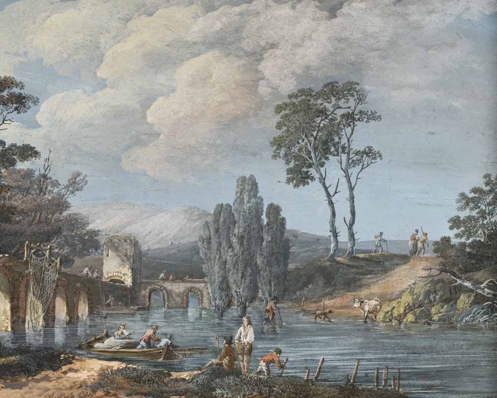 Paysage à la rivière traversée par un pont avec cavaliers, villageois et&nbsp;(…)