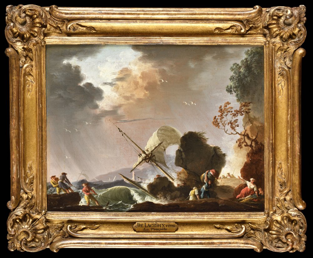 Boats in a Storm, One Aground against the Rocky Coast