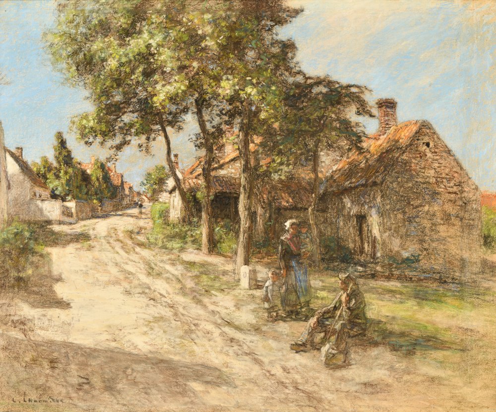 L’entrée d’un village animé de paysans en Artois