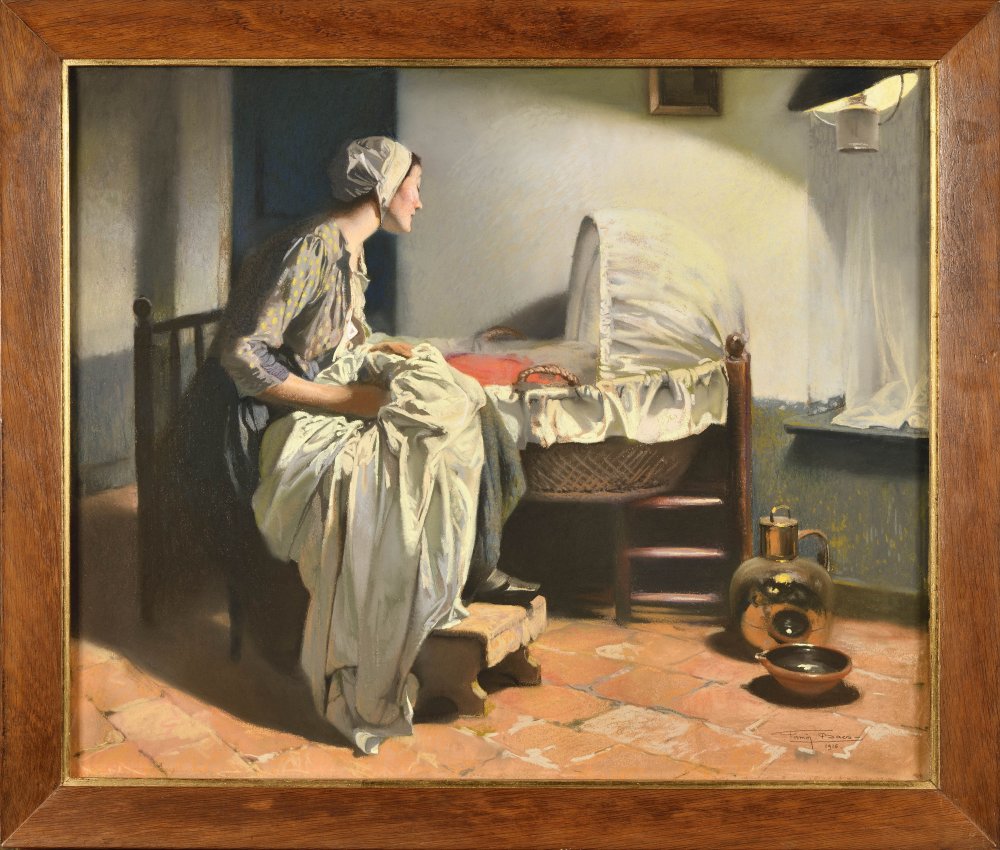 Jeune mère veillant sur le berceau