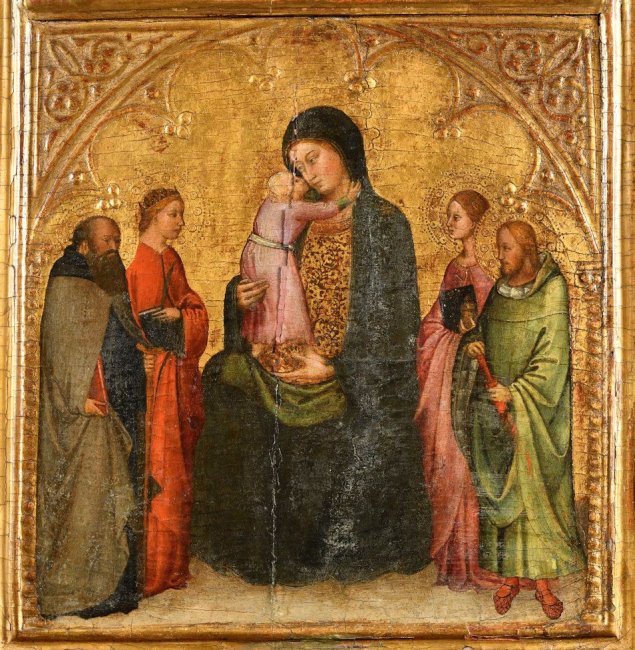 Registre principal :La Vierge et l’Enfant entourés de Saint Antoine Abbé, Sainte Catherine, Saint Julien, Sainte Lucie