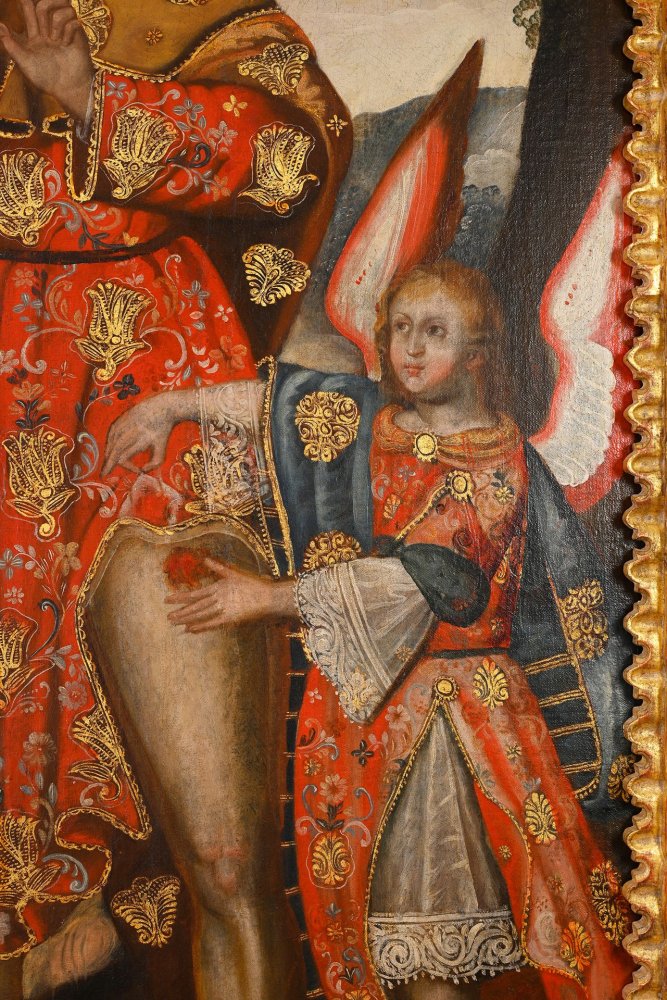 Saint Roch entouré d’un ange et de son chien sur fond de paysage