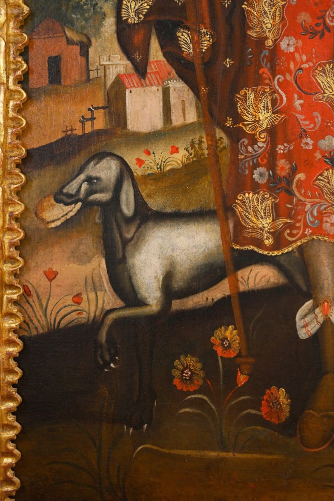 Saint Roch entouré d’un ange et de son chien sur fond de paysage