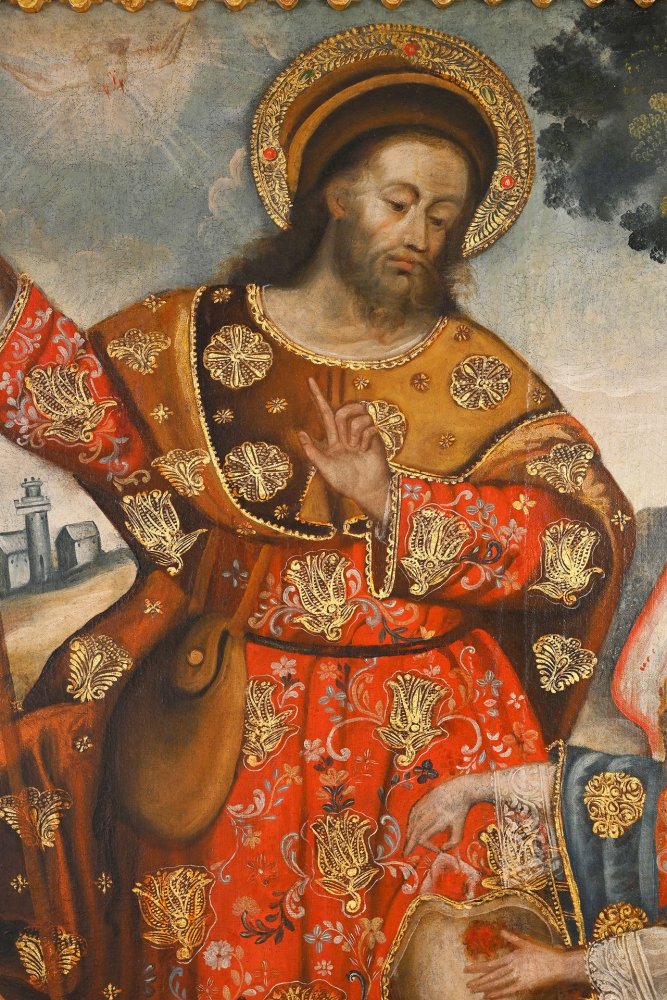 Saint Roch entouré d’un ange et de son chien sur fond de paysage