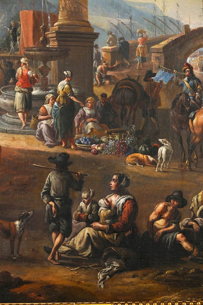 Scène de port méditerranéen imaginaire animé de navires