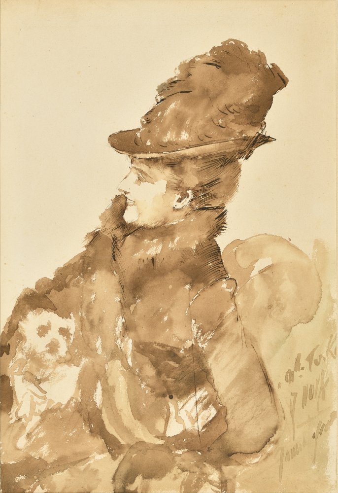 Portrait de Méry Laurent assise, serrant contre elle son petit chien (…)