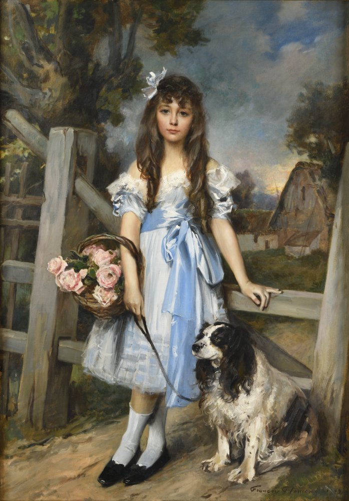 Young girl holding a basket of roses and her spaniel at the entrance to a farm