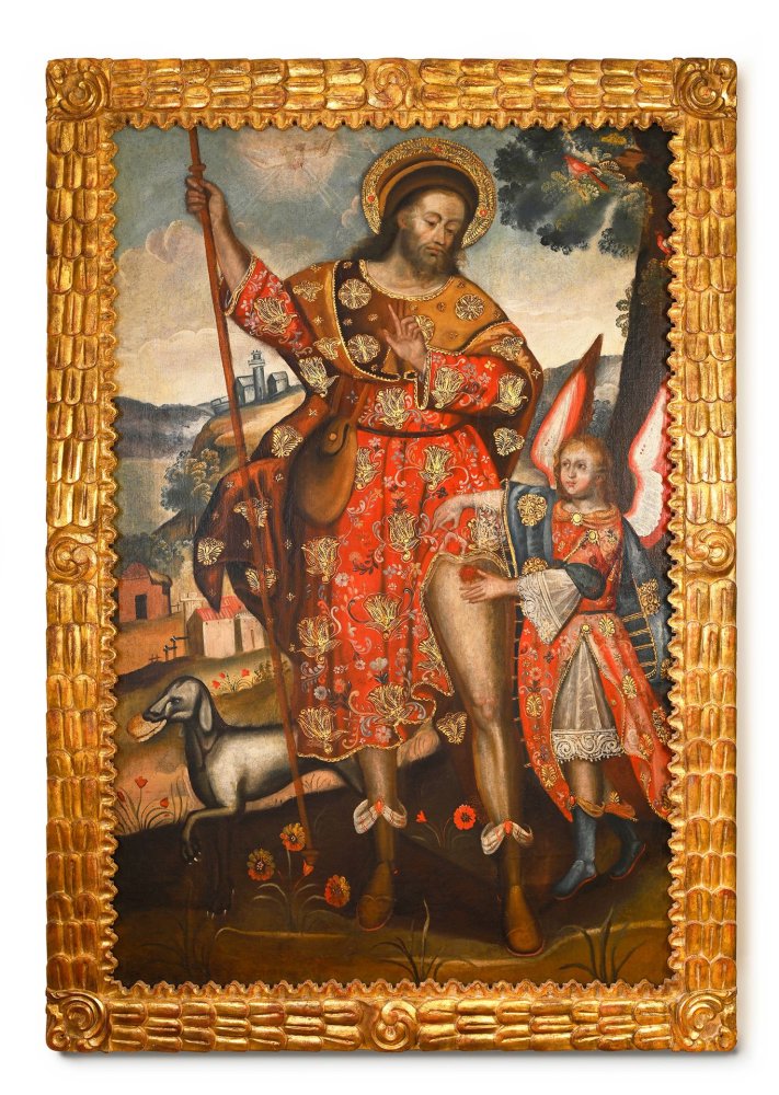 Saint Roch entouré d’un ange et de son chien sur fond de paysage