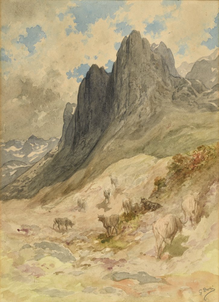 Paysage montagneux des Pyrénées animé d’un troupeau