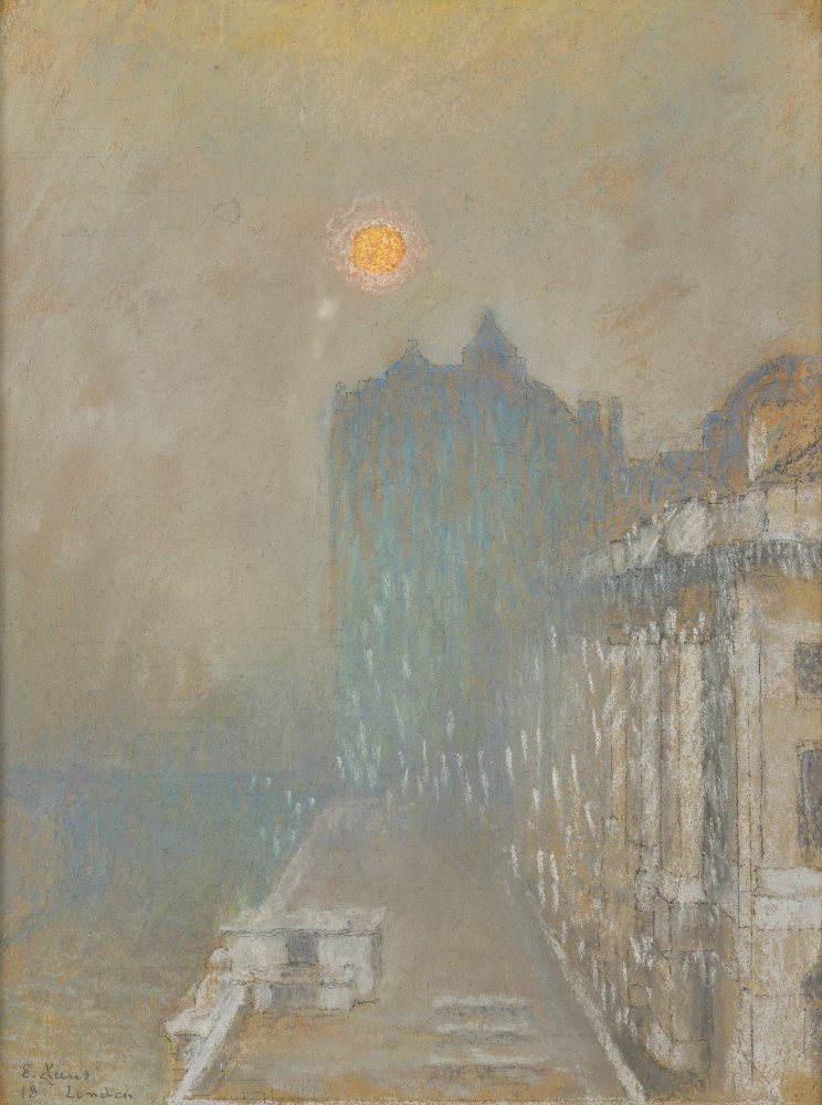 Vue d’un quai de la Tamise à Londres, effets de brouillard