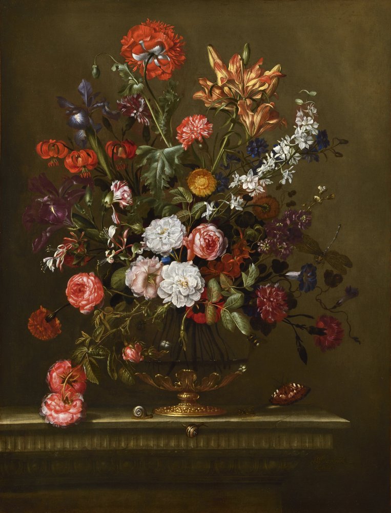 Vase of roses, peonies, lilies, bindweed and irises on a stone entablature
