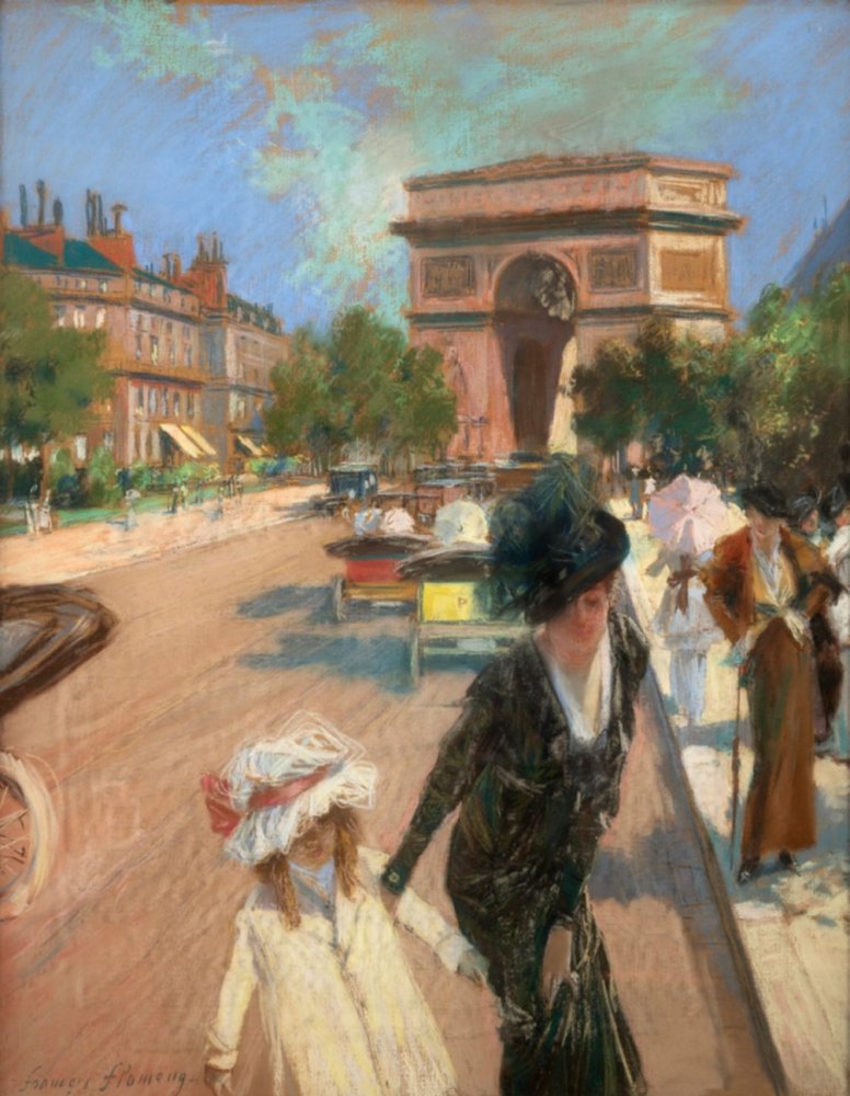 Élégante et jeune fille traversant l’avenue du Bois de Boulogne près de (…)