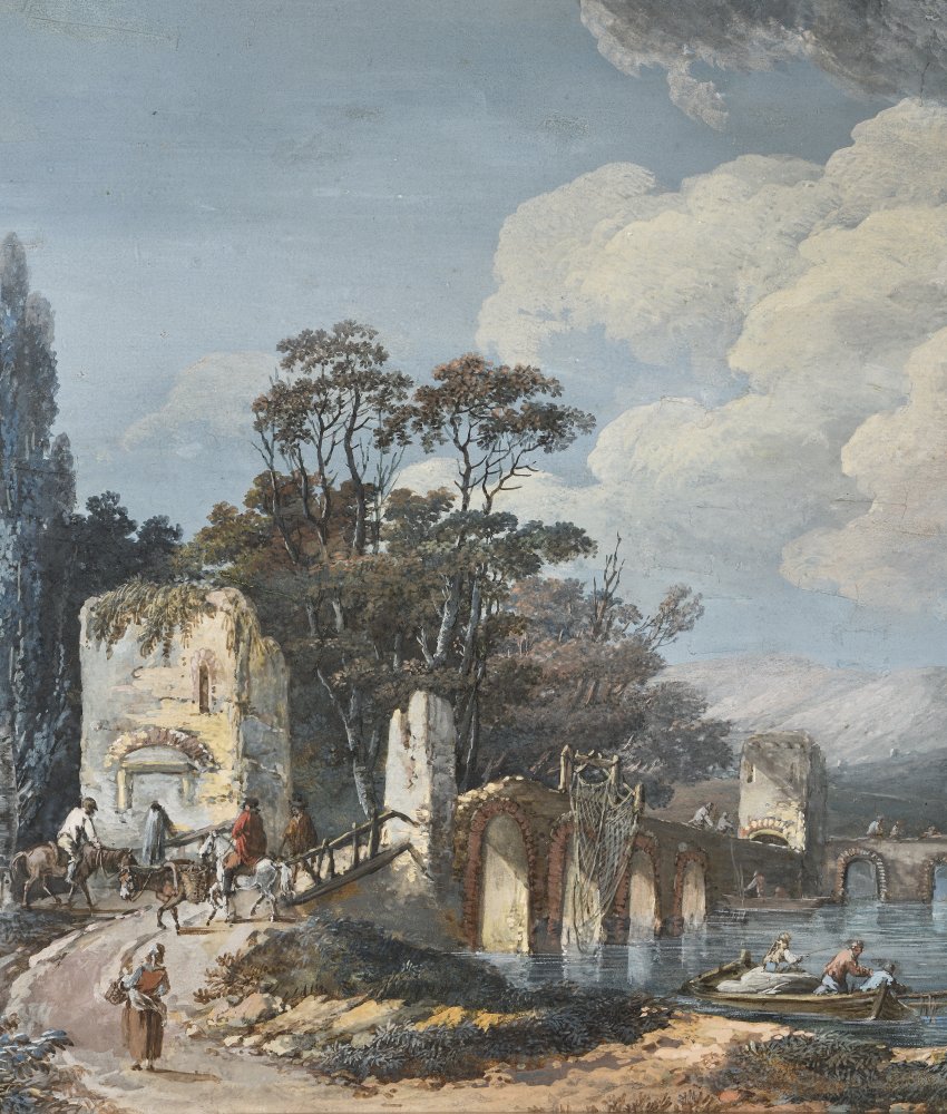Paysage à la rivière traversée par un pont avec cavaliers, villageois et&nbsp;(…)
