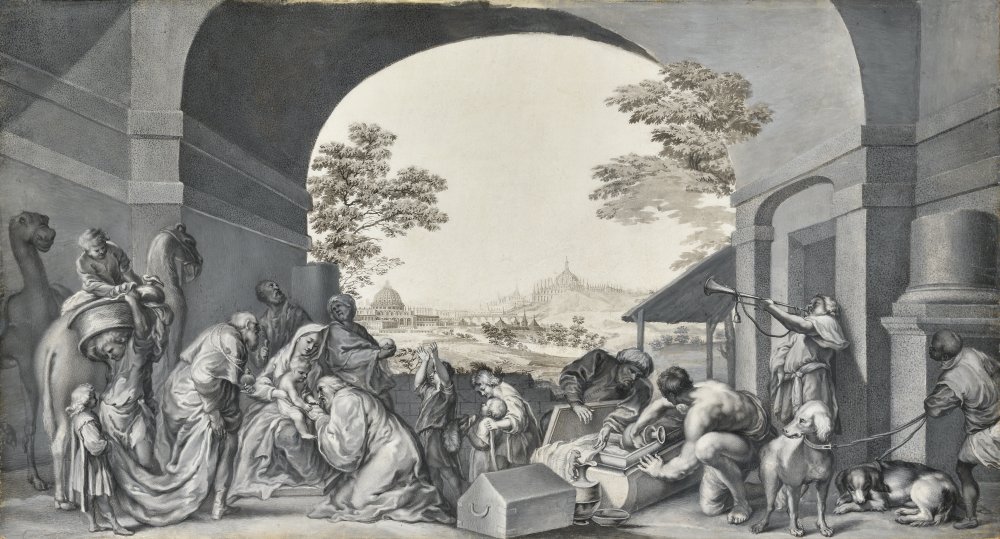 Scene of the Adoration of the Magi beneath a vault revealing an Italianate&nbsp;(…)