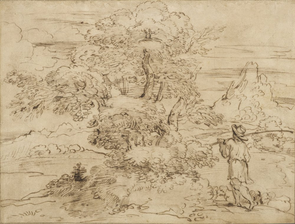 Landscape with a Tree in Center Foregraound and a Shepherd with his Herd